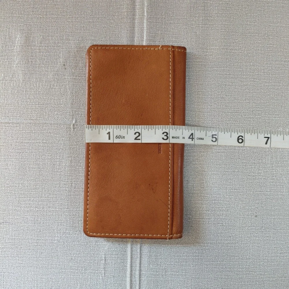 Vtg Fossil Bifold Checkbook Wallet Genuine Leather Cognac Bifold Slimline